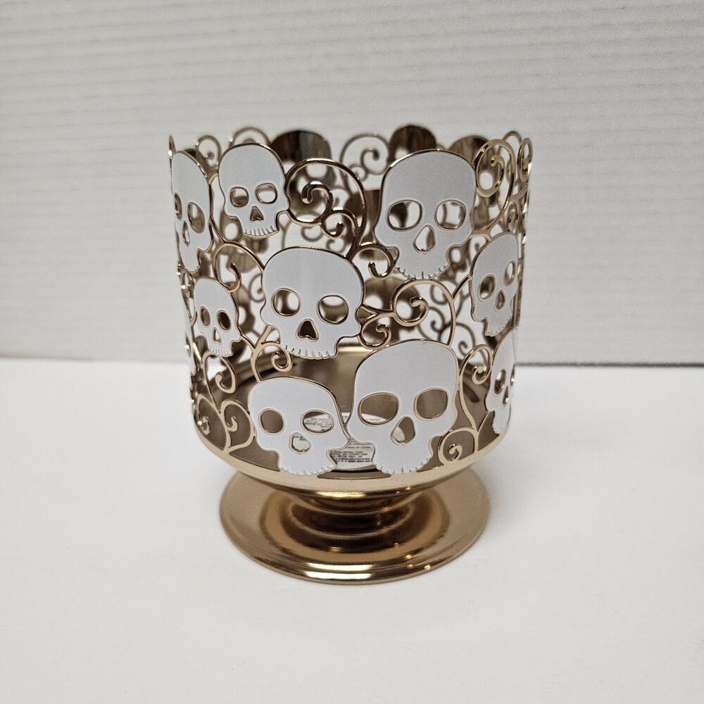NWT Gold White Skulls Candle Holder, Bath & Body Works 3 Wick Pedestal Holder